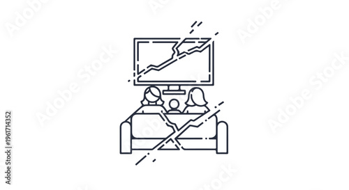Family Watching Broken TV Screen Vector Illustration