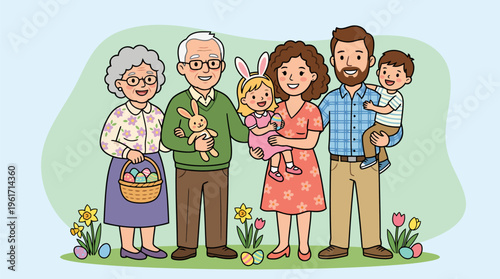 Three generations of family posing for Easter photo modern flat vector art