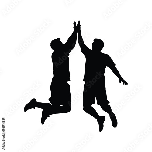 High Five Jump Silhouette Vector of Two Men Celebrating Success Isolated on White Background