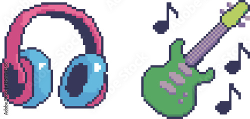 Pixel art headphones and electric guitar with musical notes in retro 8 bit style illustration