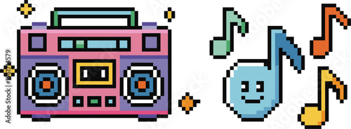 Cuadro en lienzo Pixel art boombox and musical notes icons in retro 8 bit gaming style illustrati