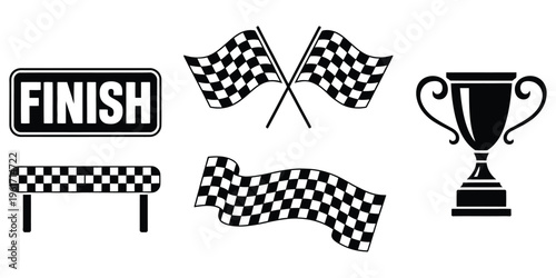 Racing finish line with checkered flags and trophy, vector illustration representing victory celebration, motorsport competition, and race achievement, clean flat and outline design for sports