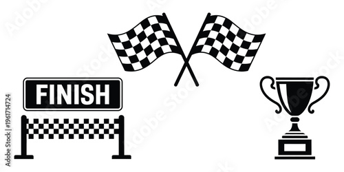 Racing finish line vector set, featuring checkered flags and trophy symbolizing race victory, motorsport success, and celebration, minimal modern design suitable for apps
