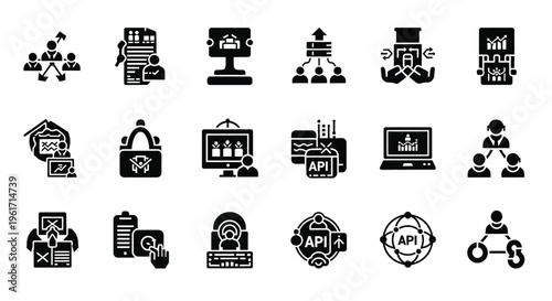 Collection of business and technology icons featuring api communication and data exchange symbols on a white background