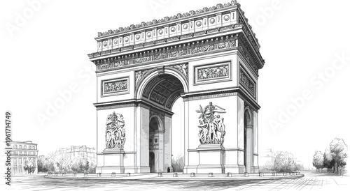 Arc de Triomphe illustration detailed Paris landmark monument classic architecture line art sketch vintage vector design composition