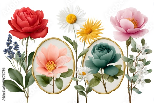 Vintage floral bouquets and botanical elements arranging