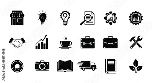 Collection of business and productivity icons including office supplies tools and technology symbols