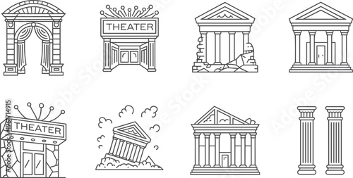 Classical architectural icon set featuring Greek temple ruins theater entrance and Roman columns in thin line art style