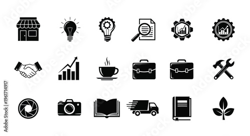 Collection of business and office icons including commerce communication and technology symbols