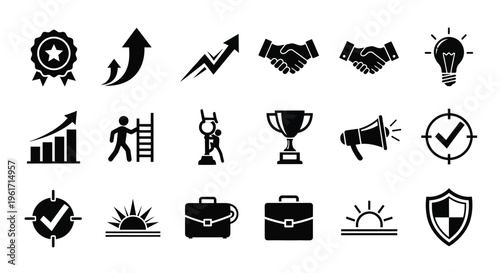 Business success icons set with arrows hands trophy megaphone and briefcase on white background