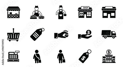 E commerce and shopping icons set including store truck cart payment and people