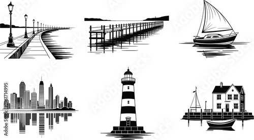 Coastal landscape vector set featuring lighthouse sailboat pier city skyline and harbor house illustrations for nautical travel design