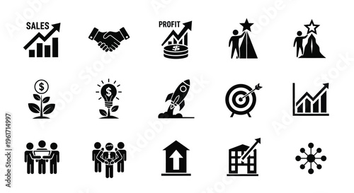 Business icons set for growth profit and success including sales marketing finance and teamwork symbols