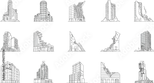 Damaged buildings illustration set showing earthquake destruction cracked structures urban disaster ruins line art vector collection design