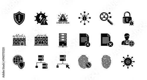 Black and white cybersecurity icons set including shield lock and data protection symbols on white background