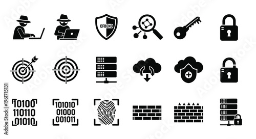 Cybersecurity icons set including hacking protection data security and encryption symbols in black on white background