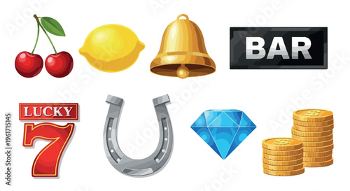 Set of 8 colorful casino slot machine game icons vector