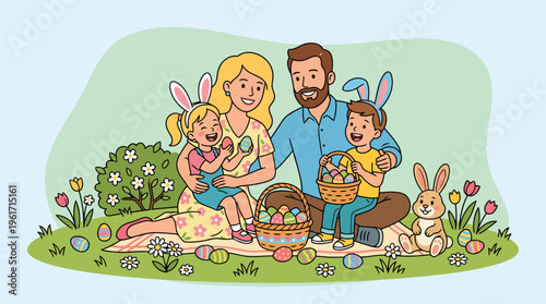 Casual family picnic on rug in spring park garden modern flat vector art
