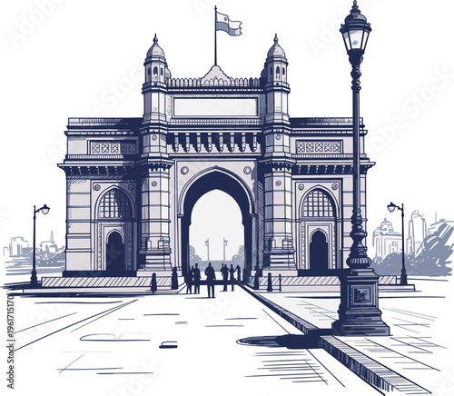 Gateway of India front view illustration detailed Mumbai landmark architectural line art sketch vintage vector design