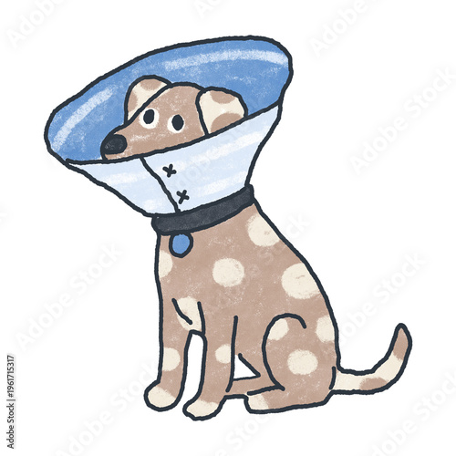 A cute brown spotted dog sitting while wearing a protective medical cone, hand drawn crayon color texture