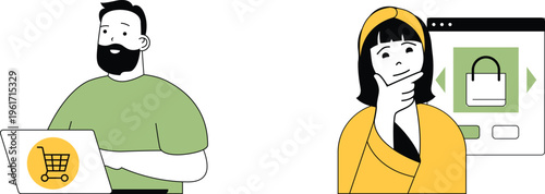 Man and woman using laptops with shopping cart and padlock icons on screens