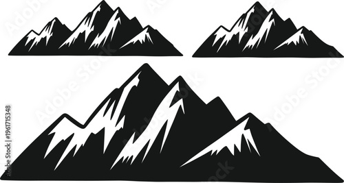 Collection of mountain range icons in bold silhouette style with sharp alpine peaks illustration