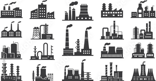 Industrial factory icons set with power plants refineries manufacturing buildings silhouette vector illustration isolated collection design elements