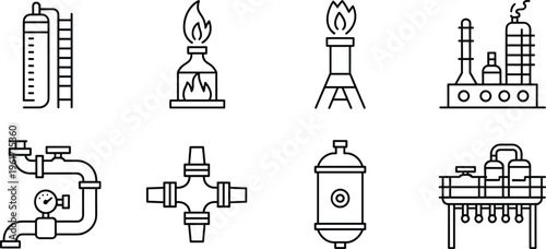 Industrial pipeline and refinery equipment icons set with factory elements line art vector illustration isolated design collection