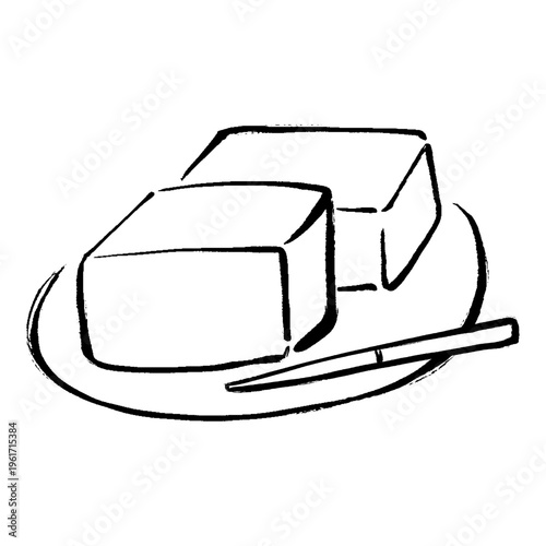 小皿に盛り付けられた二切れの羊羹と菓子楊枝のイラスト