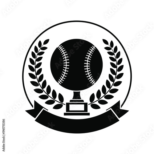 Baseball Trophy Emblem Vector with Laurel Wreath and Ribbon in Black Silhouette Style