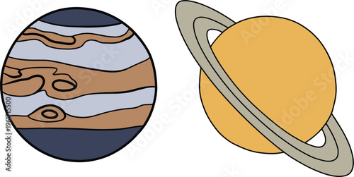 Cartoon planets illustration featuring Jupiter and Saturn with rings in simple colorful space design