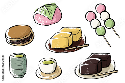 日本の和菓子と日本茶のイラスト