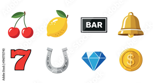 Set of 8 Flat Casino Slot Machine Game Icons Vector