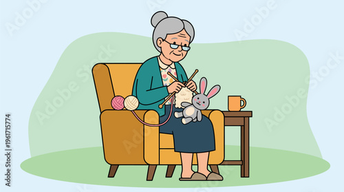 Elderly grandmother knitting handmade Easter bunny toy minimalist flat vector art