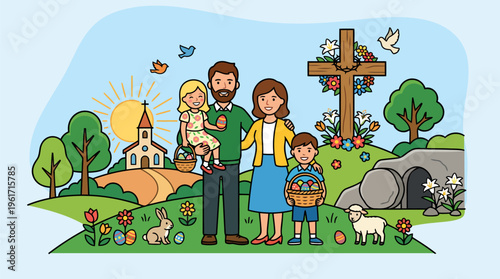 Family posing near church building during Easter morning modern flat vector art