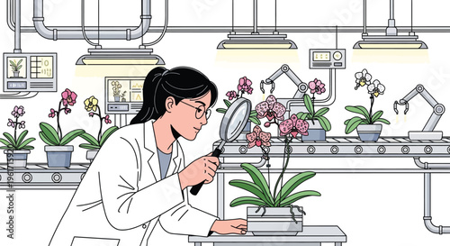 Biotech Scientist Analyzing Orchids with Automated Systems