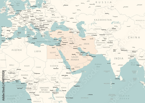 Detailed political map of Middle East, and parts of Asia, Europe and Africa showing countries, capitals, major cities.