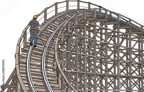 Roller coaster maintenance worker ascending wooden track