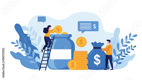 Happy man flipping a giant light switch to turn on an idea represented by a glowing light bulb with growth charts and gears around.