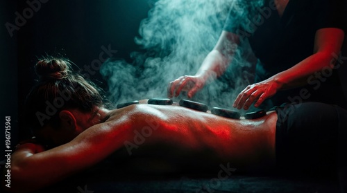 Woman receiving hot stone massage therapy from professional therapist in spa salon. Relaxing spa treatment with steam and warm basalt stones for body healing, stress relief and wellness.