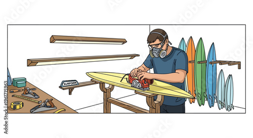 Surfboard Shaping and Sanding in a Workshop