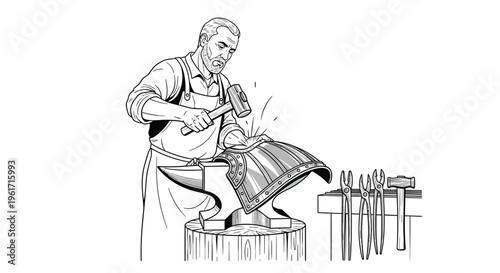 Artisanal blacksmith shaping metal armor on anvil