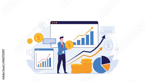 Team of people saving money by putting gold coins into a giant glass jar and a large bag with a dollar sign representing financial goals.