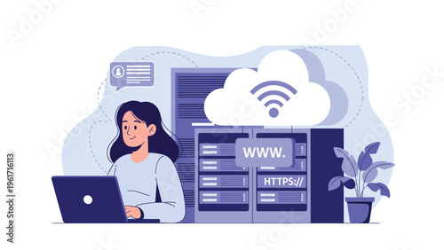 Secure web hosting and cloud storage concept with a woman working on a laptop surrounded by data servers and internet icons.
