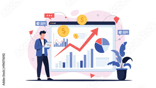 Market research and financial analysis concept with a man using a tablet to monitor real time charts and investment data.
