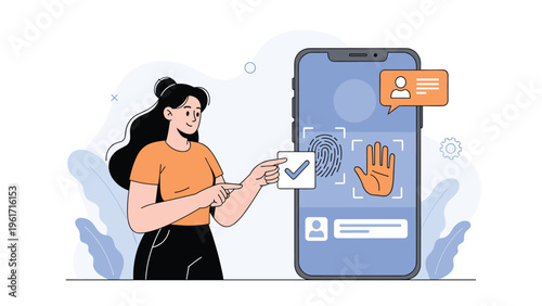 Biometric authentication and mobile security concept with a woman using fingerprint and palm scanning on a smartphone.