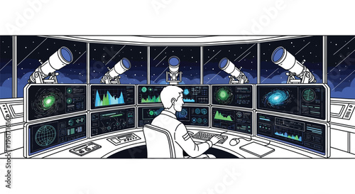 Astronomer observing stars and galaxies on computer screen
