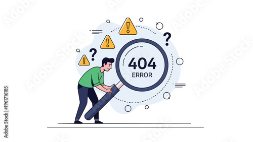 Man searching for a website error with a magnifying glass while looking at a 404 page not found alert with warning signs.