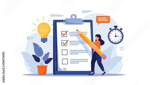 Organized woman checking off tasks on a large clipboard to manage her daily schedule and goals with a clock and lightbulb.