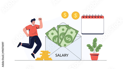 Happy man jumping for joy after receiving his salary envelope full of cash with coins and a calendar in the background.